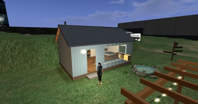 The cottage: pale blue siding, slate roof, the door open, me on the step.