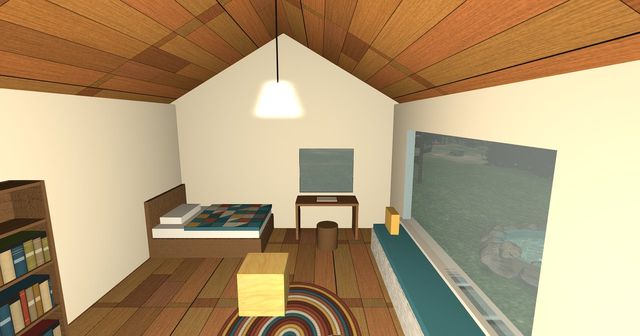 Inside the cottage: a bed with a patchwork quilt, a desk, a bookshelf, a braided rug, the picture window.