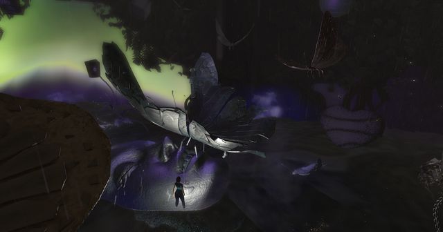 A giant silver butterfly over a dark pool under a green aurora, a small figure (me) below.