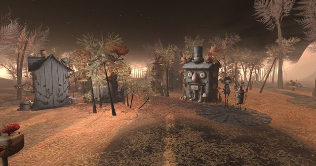 Wooden houses with faces and top hats in amber dusk.