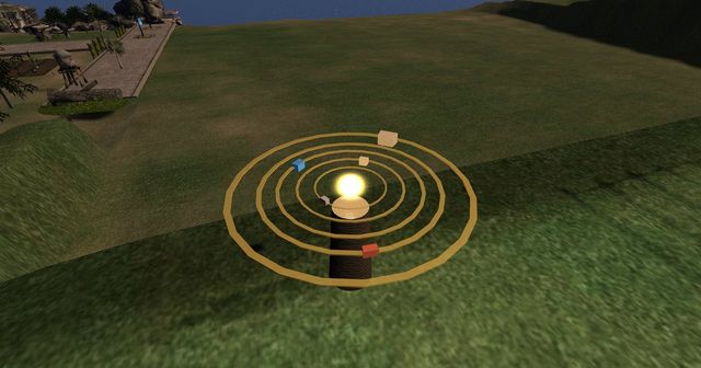 The orrery on the grass: a glowing sun and brass rings, planets on their orbits.