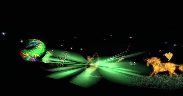 A golden unicorn and a fractal planet in a black void, green light streaming between them.